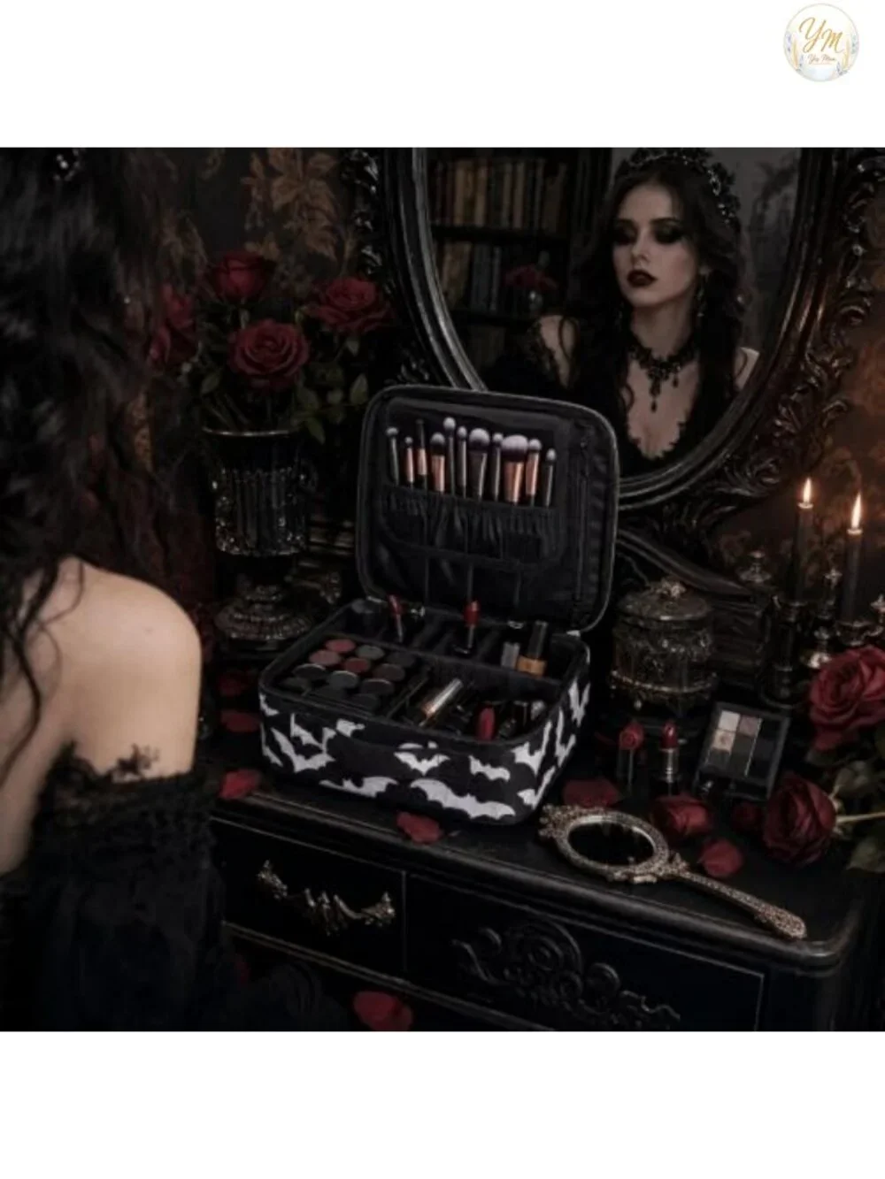 Gothic Makeup Bag Organizer with Bat Design, Adjustable Dividers, Waterproof
